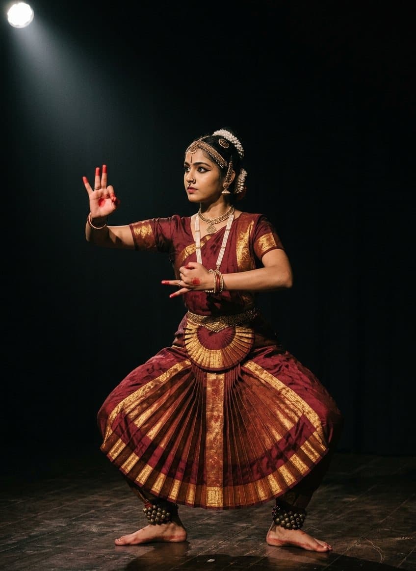 A Bharatanatyam classical dancer in traditional costume