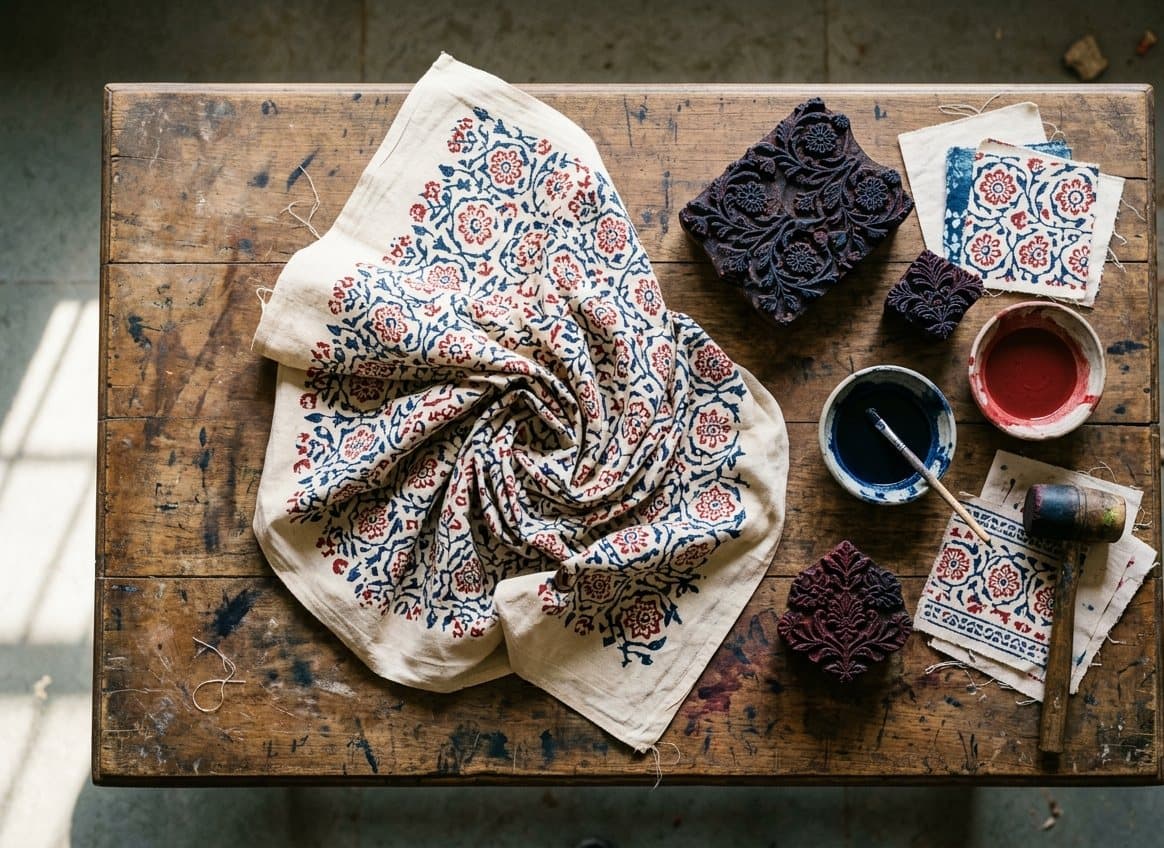 A craftsman hand block-printing fabric in Jaipur