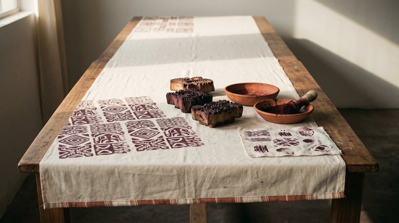 A block-printing table with carved teak blocks and dye bowls, mid-session