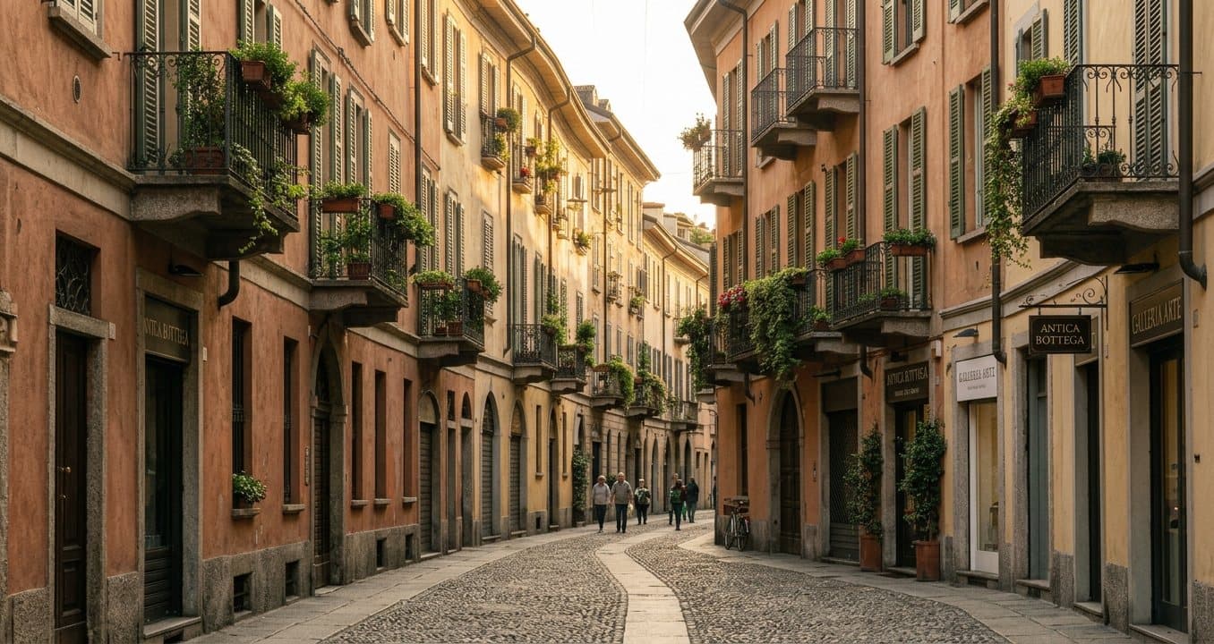 A quiet cobblestone street in Milan's Brera district