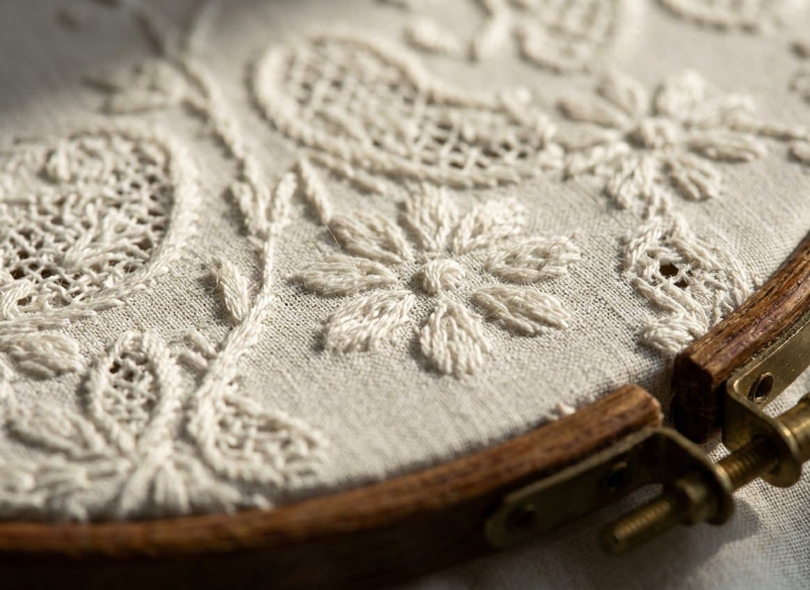 Fine white chikankari hand embroidery on pale cotton