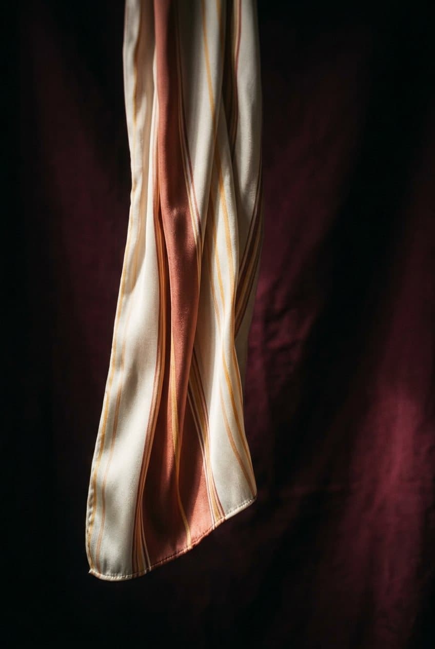 A length of handwoven silk hanging free against a deep wine ground