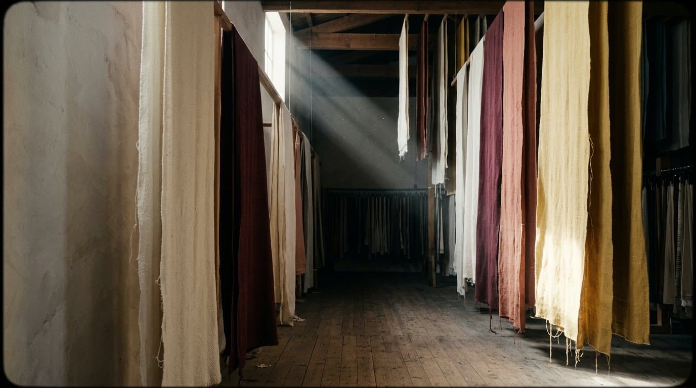 Lengths of cloth hanging unrolled in a sourcing showroom