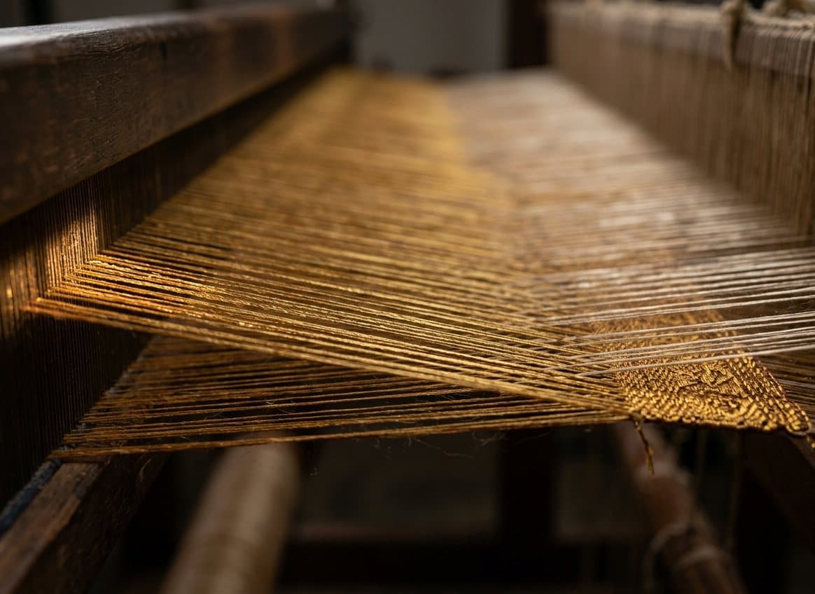 Gold zari threads under tension on a silk handloom