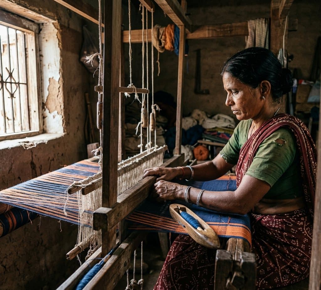 A weaver drawing the shuttle across a handloom