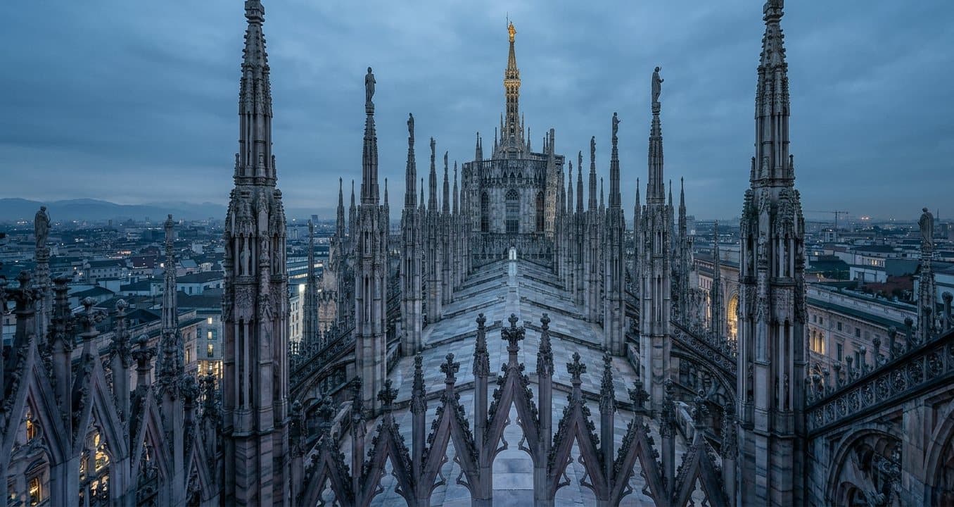 Gothic spires on the rooftop of Milan Cathedral
