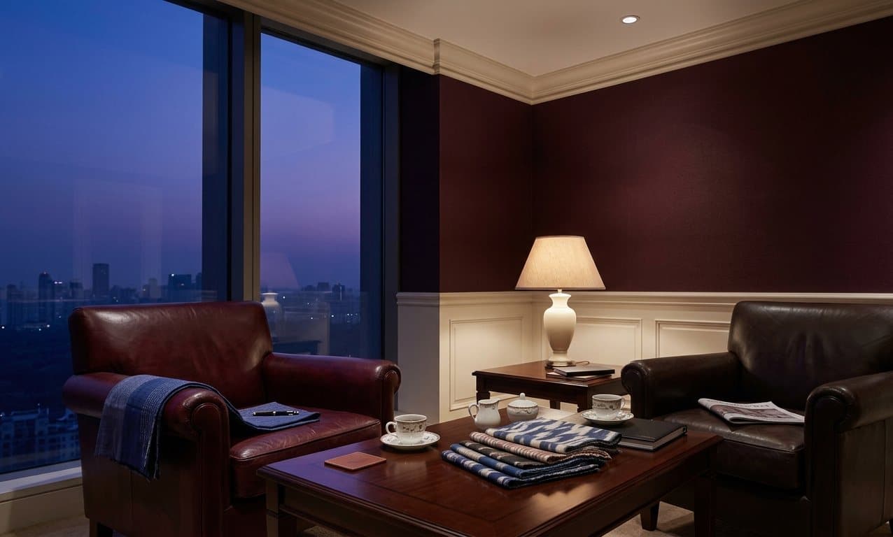 An empty private meeting lounge with two leather armchairs, folded silk swatches on a low table, lit by a single lamp