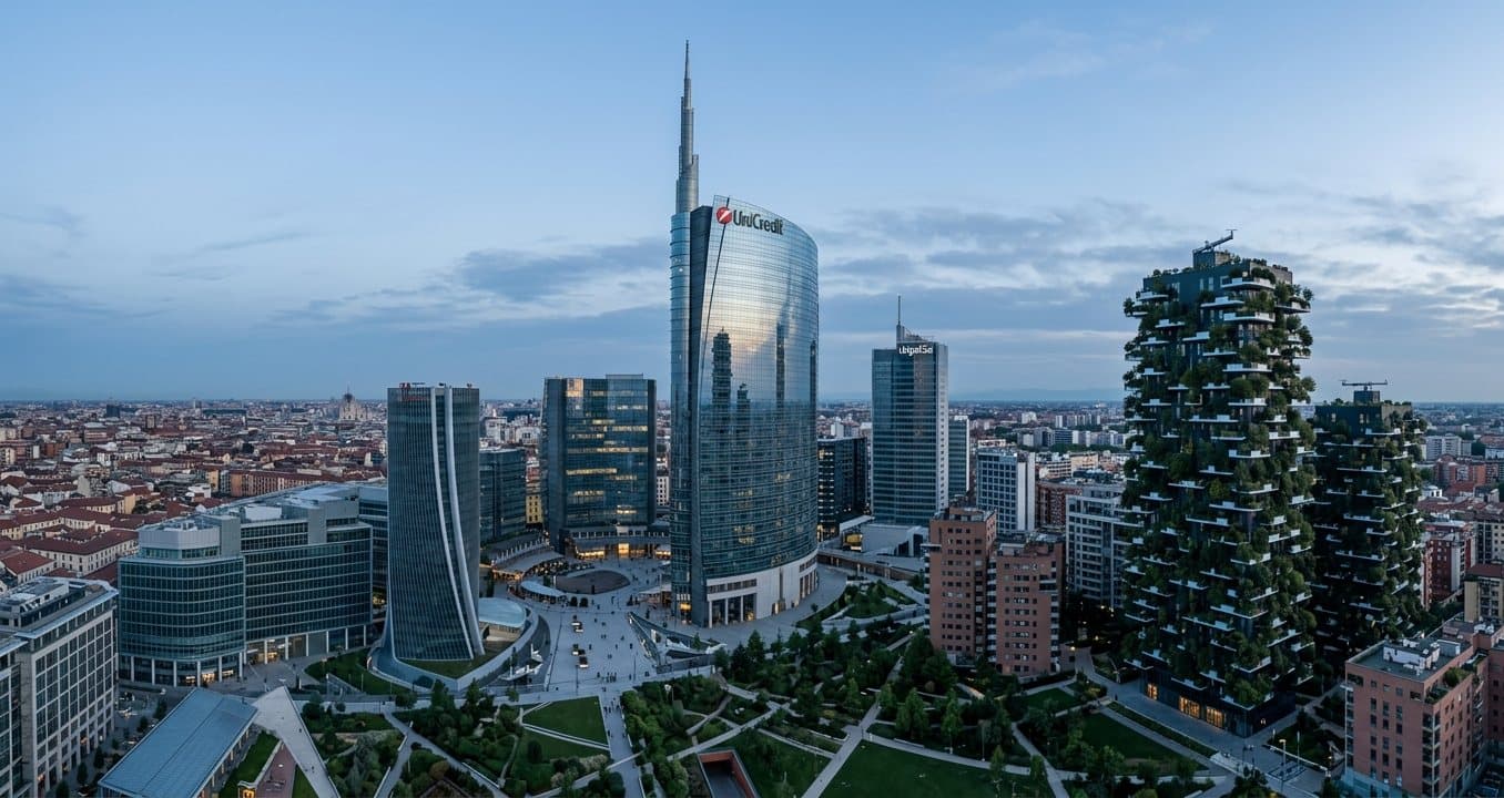 The Milan skyline with the spires of the Duomo