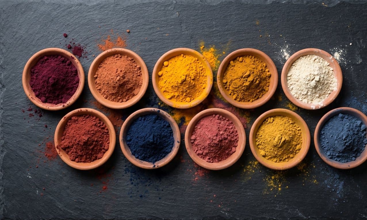 Brass and clay bowls of crimson, saffron, and ochre pigment on dark wood