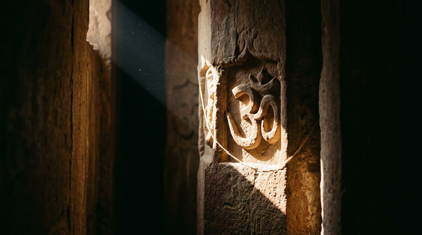 A shaft of light crossing weathered temple stone carved with the OM symbol, a fine thread lying across it